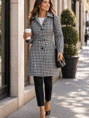 Anne Klein Black White Gingham Trench Coat Belted Buckle Tailored Classic | Sz 4
